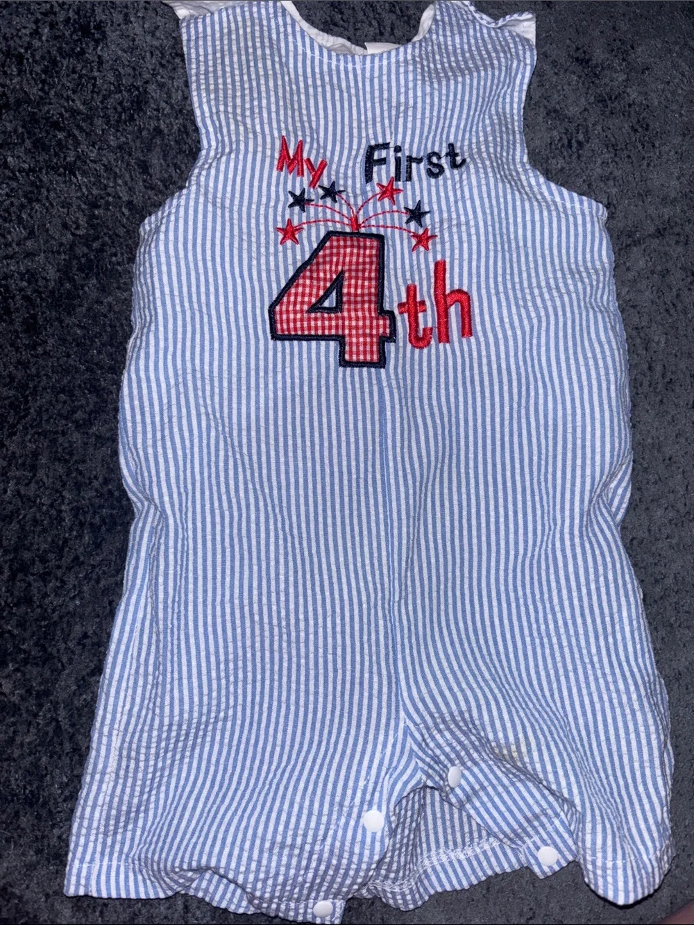 My First 4th Striped Seersucker Baby Romper - Blue & White with Red Embroidery